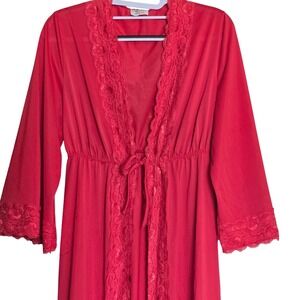 VTG Lingerie Red Lace Trim Maxi Robe Tie Front Empire Waist Long Glam Boudoir
